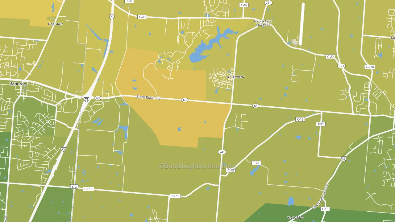 Map of the best neighborhoods in the Otterbein area, with better matches in green and worse matches in red