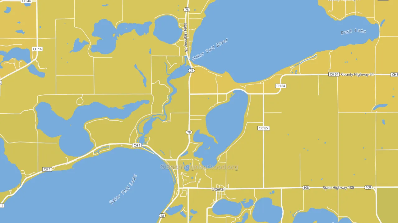 Map of the best neighborhoods in the Ottertail area, with better matches in green and worse matches in red