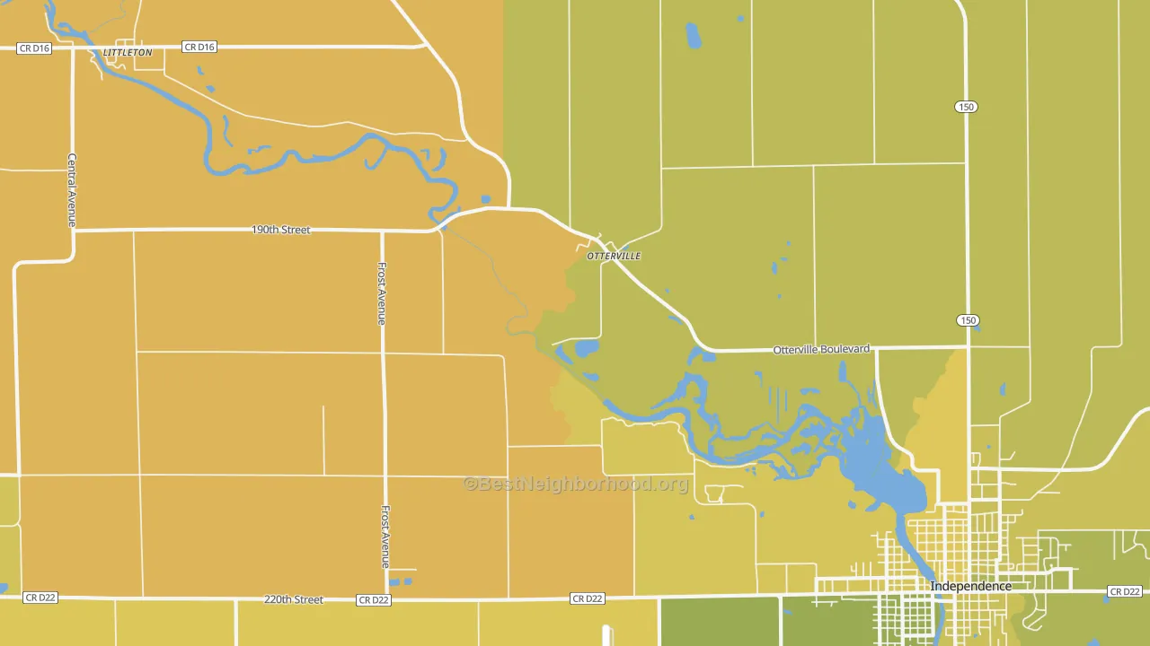 Map of the best neighborhoods in the Otterville area, with better matches in green and worse matches in red