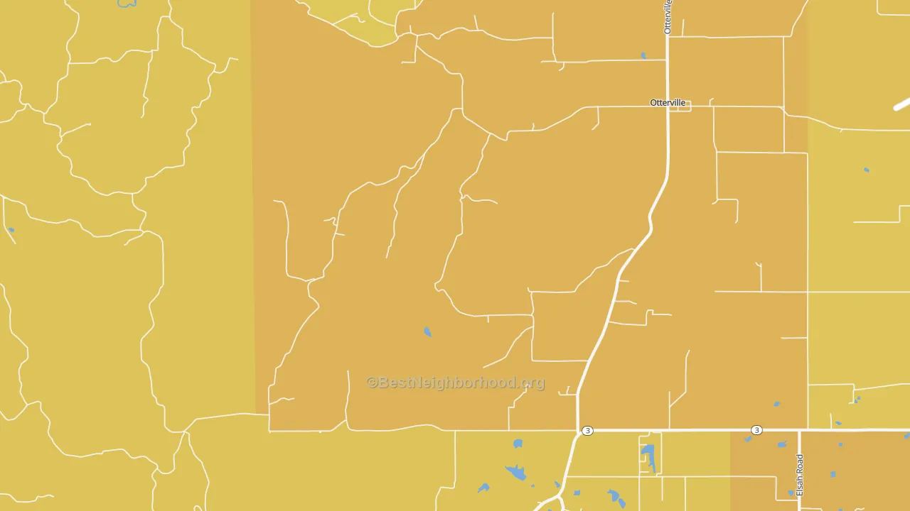 Map of the best neighborhoods in the Otterville area, with better matches in green and worse matches in red