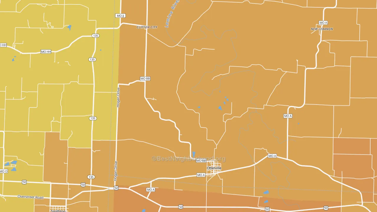 Map of the best neighborhoods in the Otterville area, with better matches in green and worse matches in red