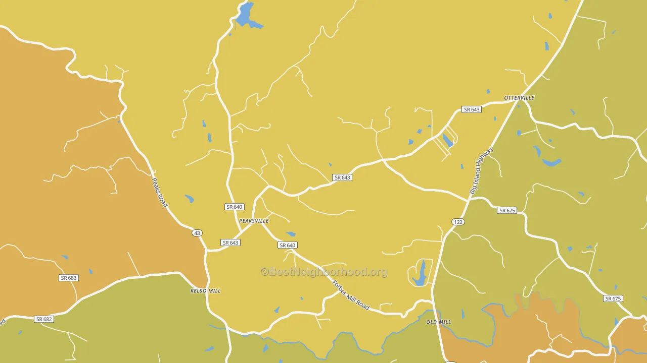 Map of the best neighborhoods in the Otterville area, with better matches in green and worse matches in red