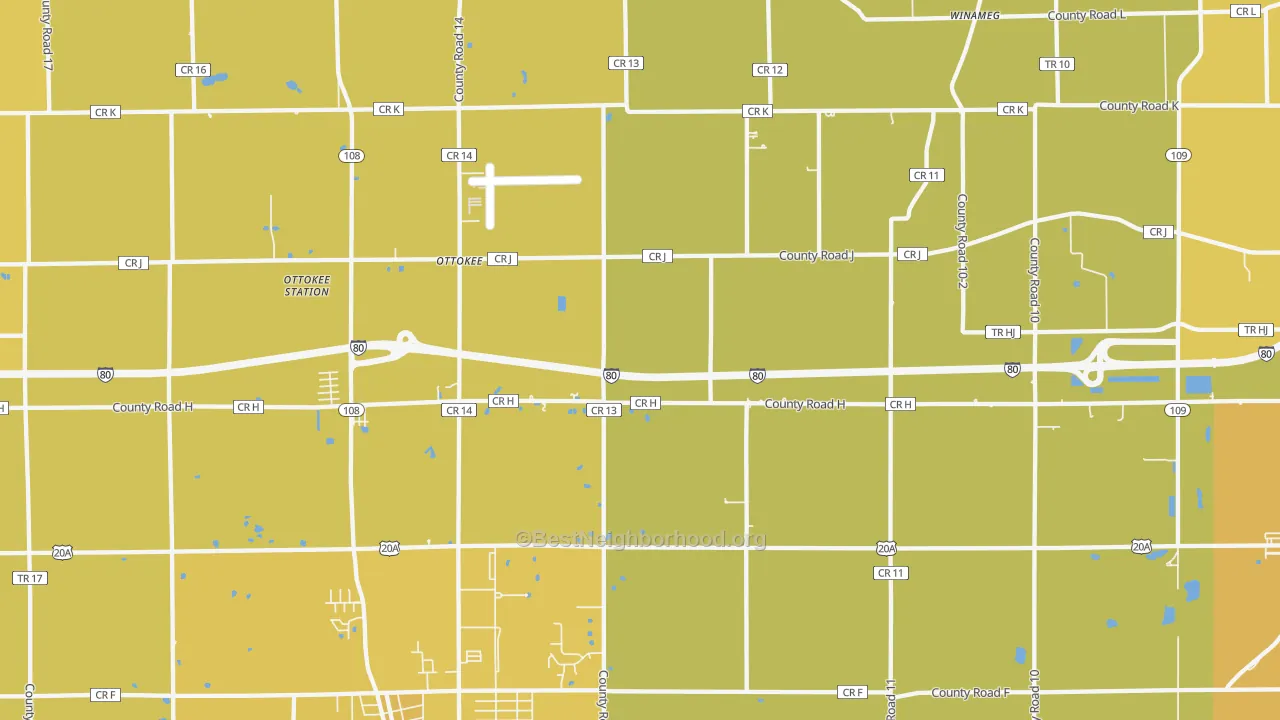 Map of the best neighborhoods in the Ottokee area, with better matches in green and worse matches in red