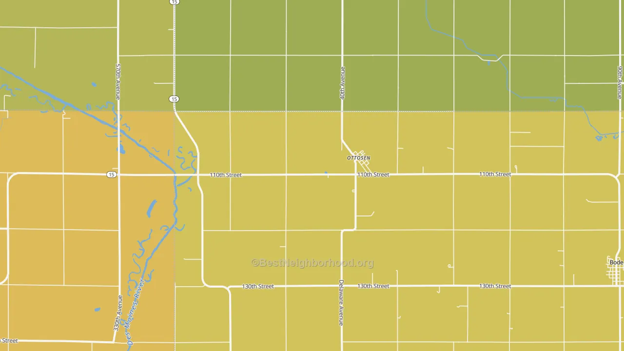 Map of the best neighborhoods in the Ottosen area, with better matches in green and worse matches in red