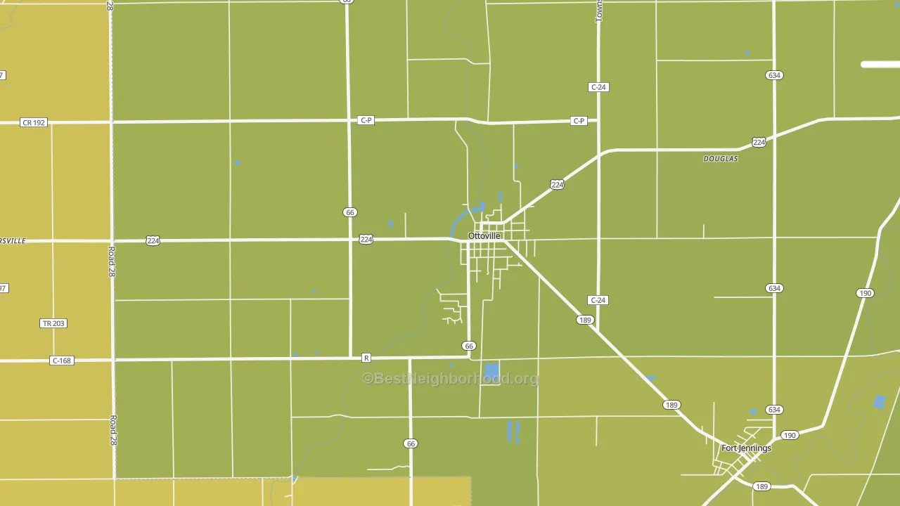 Map of the best neighborhoods in the Ottoville area, with better matches in green and worse matches in red
