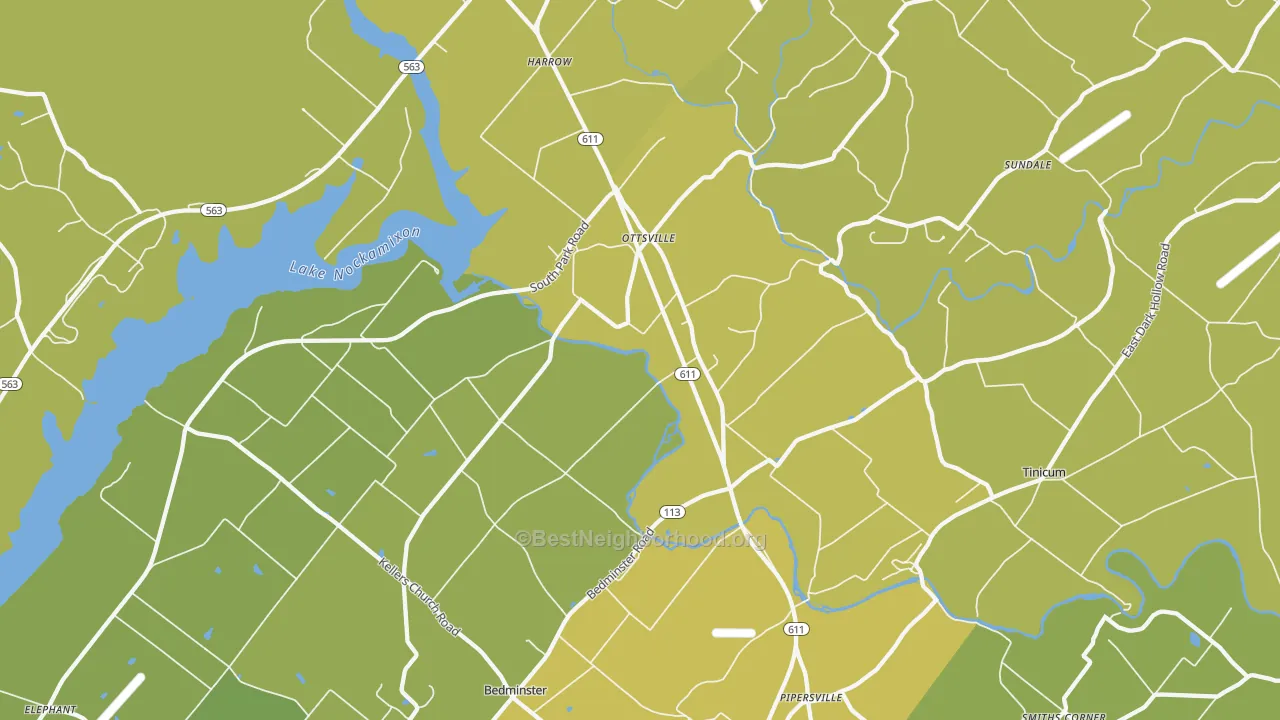 Map of the best neighborhoods in the Ottsville area, with better matches in green and worse matches in red