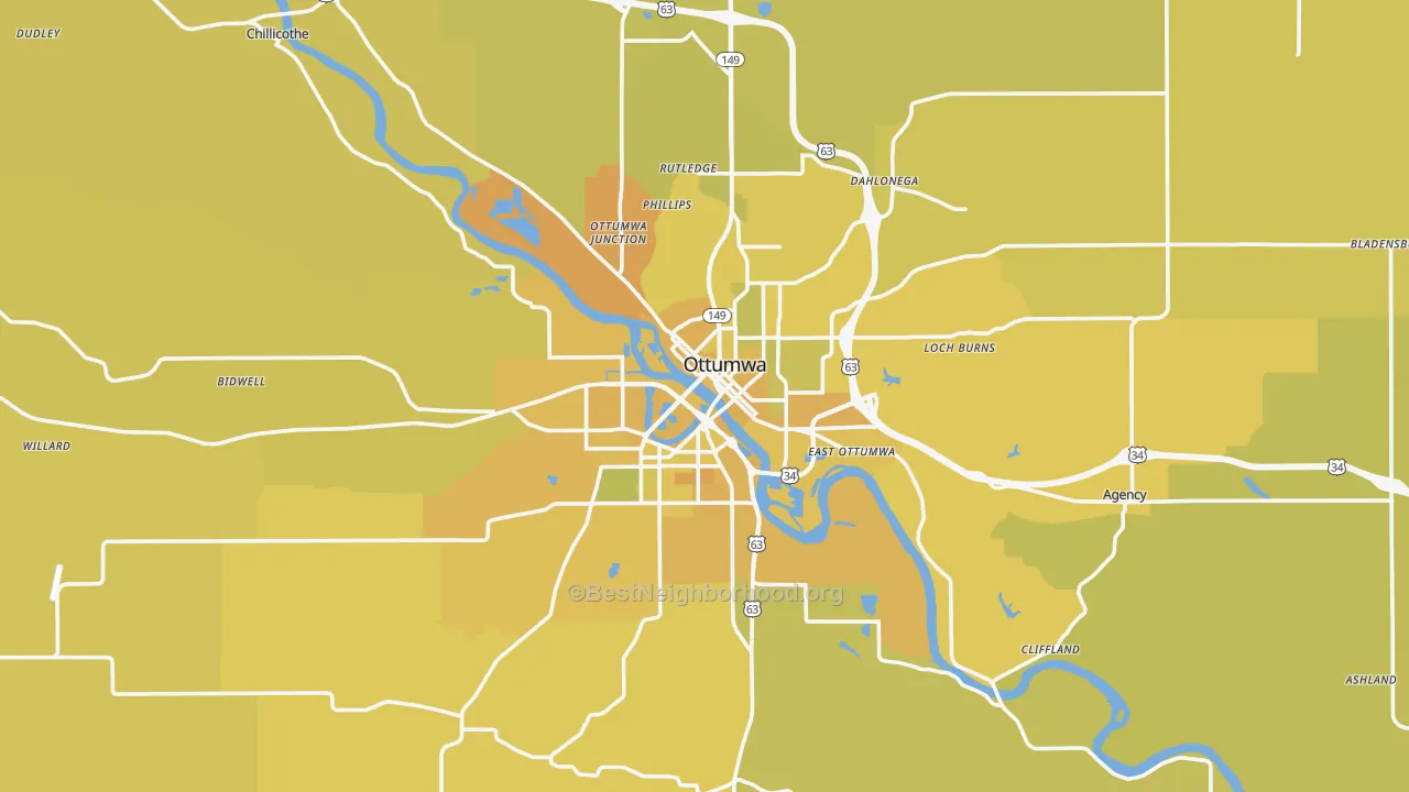 Map of the best neighborhoods in the Ottumwa area, with better matches in green and worse matches in red