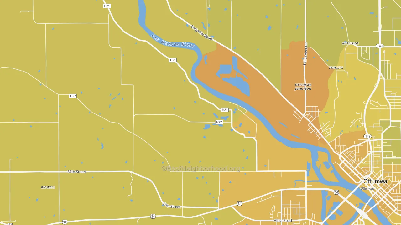 Map of the best neighborhoods in the Ottumwa Junction area, with better matches in green and worse matches in red