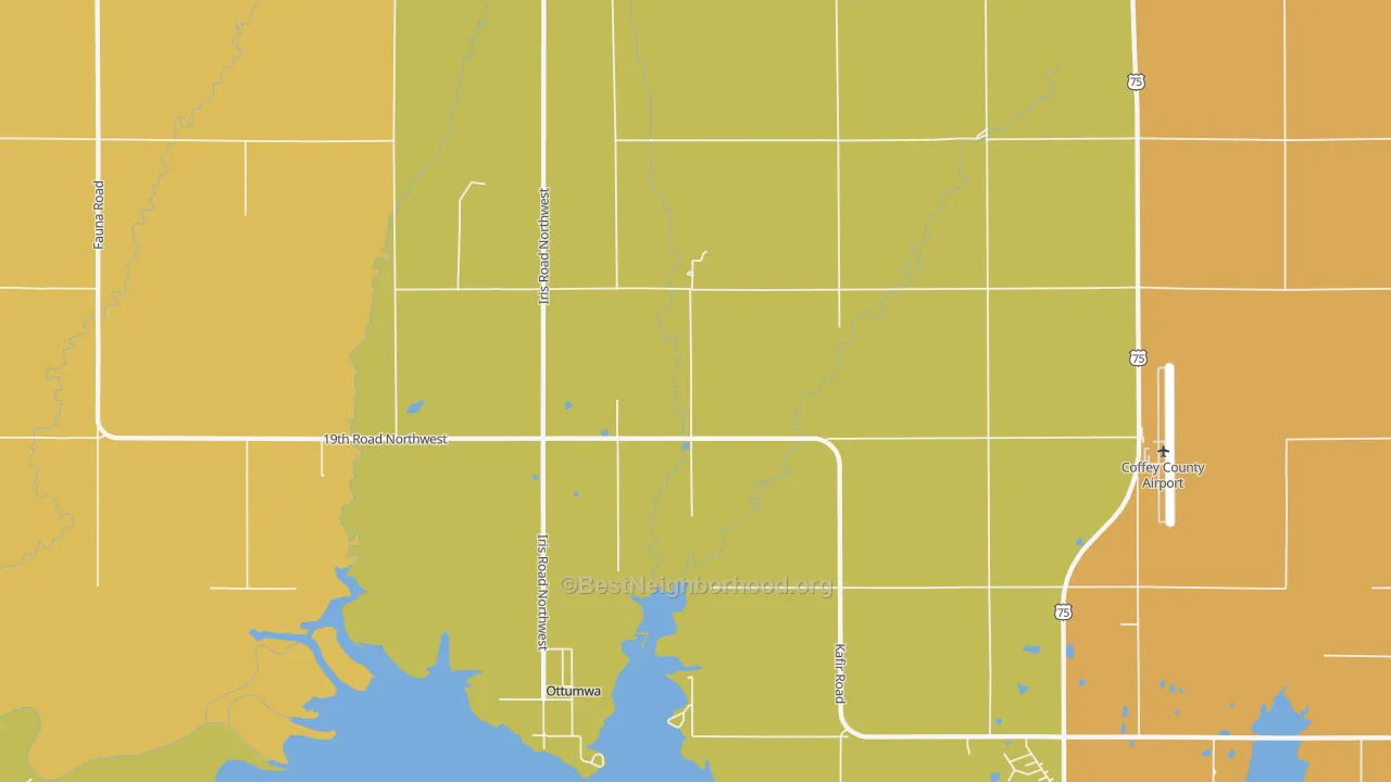 Map of the best neighborhoods in the Ottumwa area, with better matches in green and worse matches in red