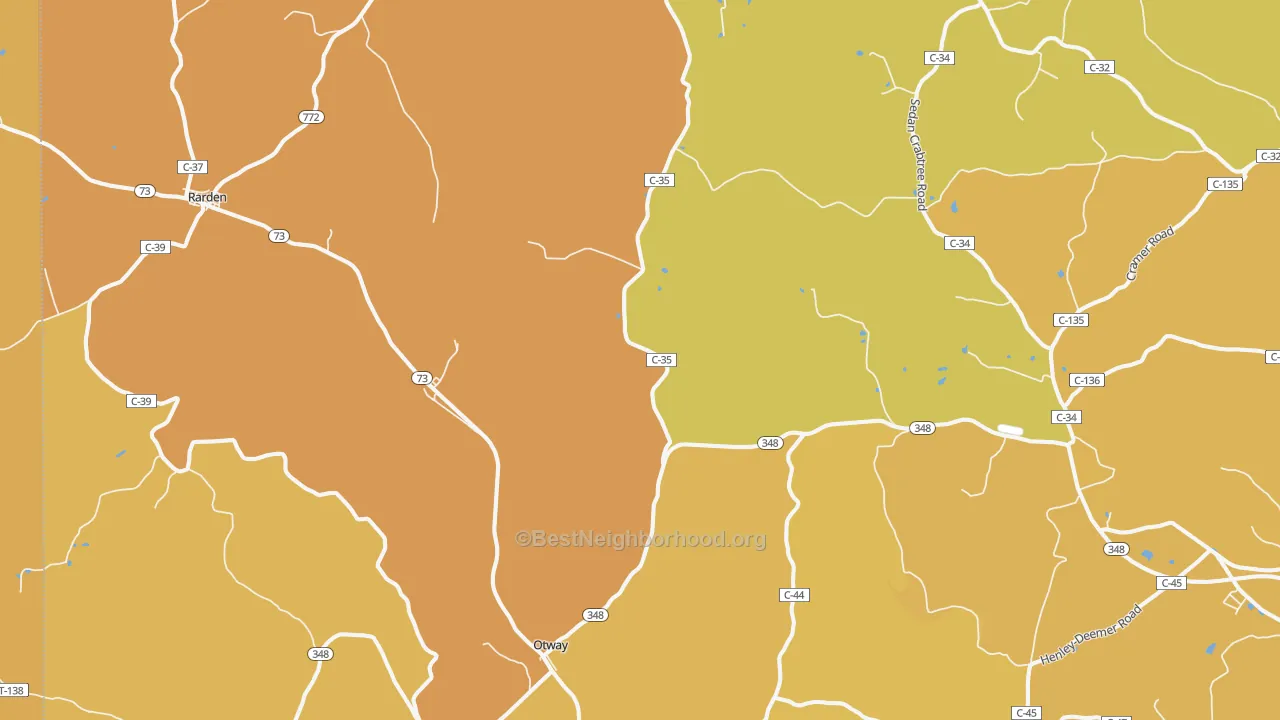 Map of the best neighborhoods in the Otway area, with better matches in green and worse matches in red