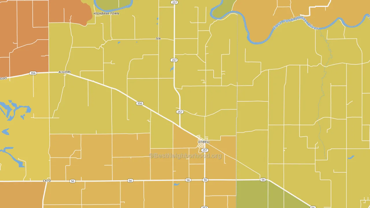 Map of the best neighborhoods in the Otwell area, with better matches in green and worse matches in red