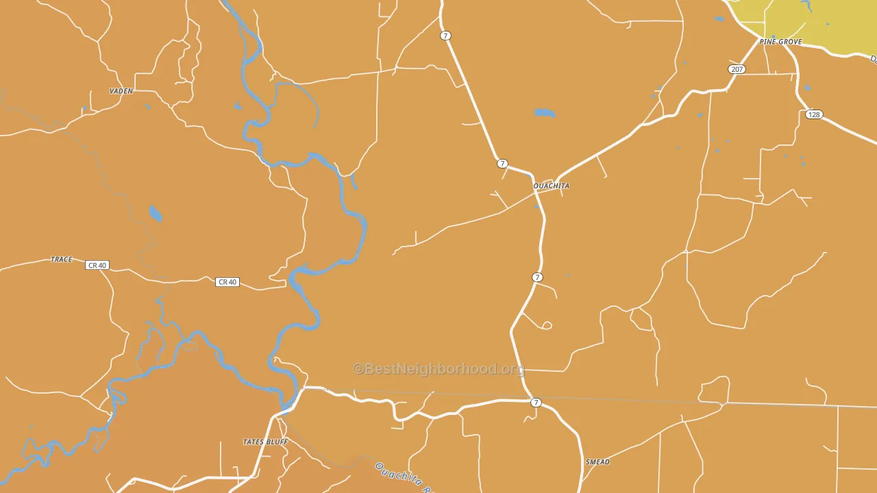 Map of the best neighborhoods in the Ouachita area, with better matches in green and worse matches in red