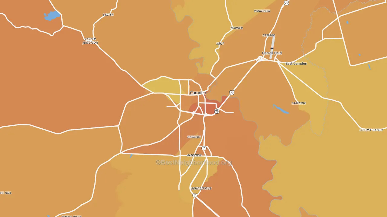 Map of the best neighborhoods in the Ouachita County area, with better matches in green and worse matches in red
