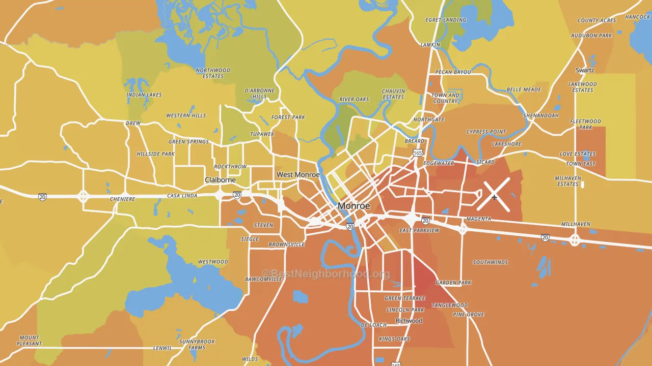Map of the best neighborhoods in the Ouachita Parish area, with better matches in green and worse matches in red