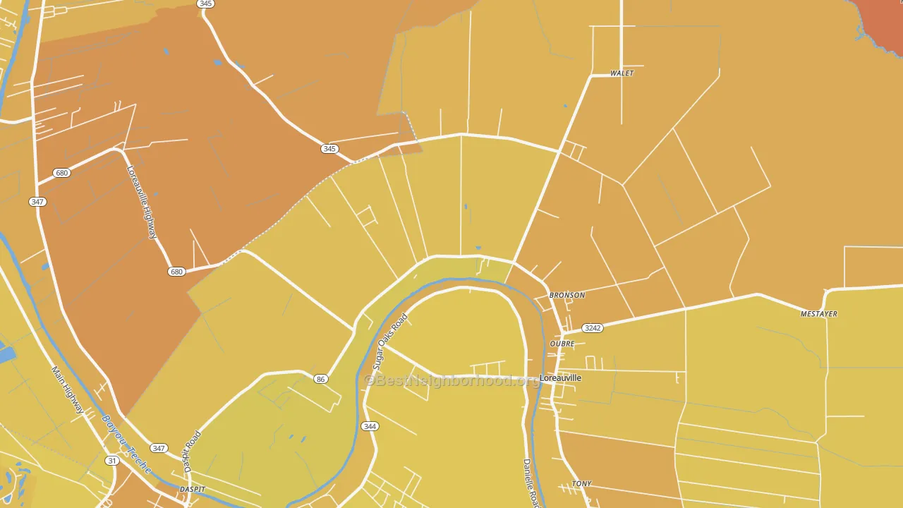 Map of the best neighborhoods in the Oubre area, with better matches in green and worse matches in red