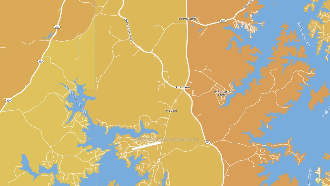 Map of the best neighborhoods in the Our Town area, with better matches in green and worse matches in red