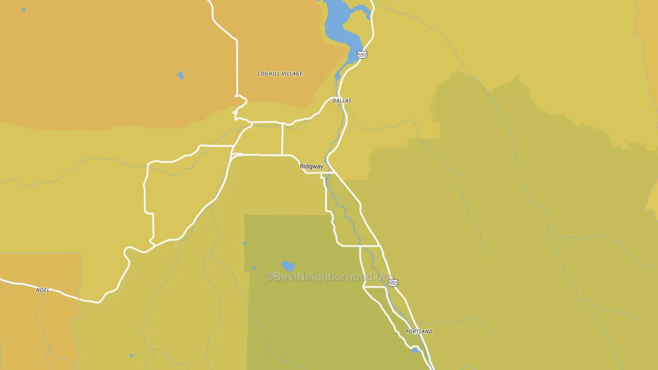 Map of the best neighborhoods in the Ouray County area, with better matches in green and worse matches in red