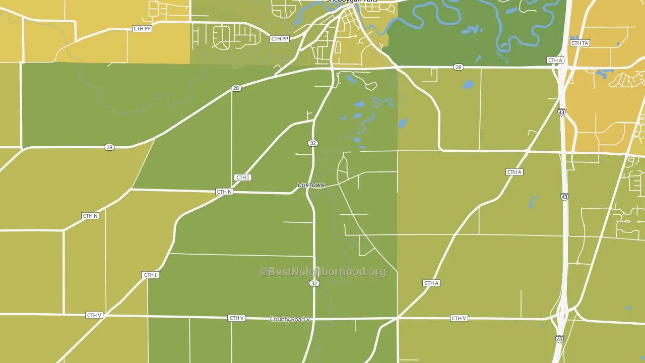 Map of the best neighborhoods in the Ourtown area, with better matches in green and worse matches in red