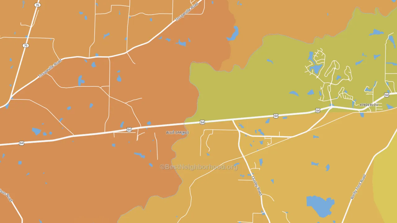 Map of the best neighborhoods in the Ousley area, with better matches in green and worse matches in red