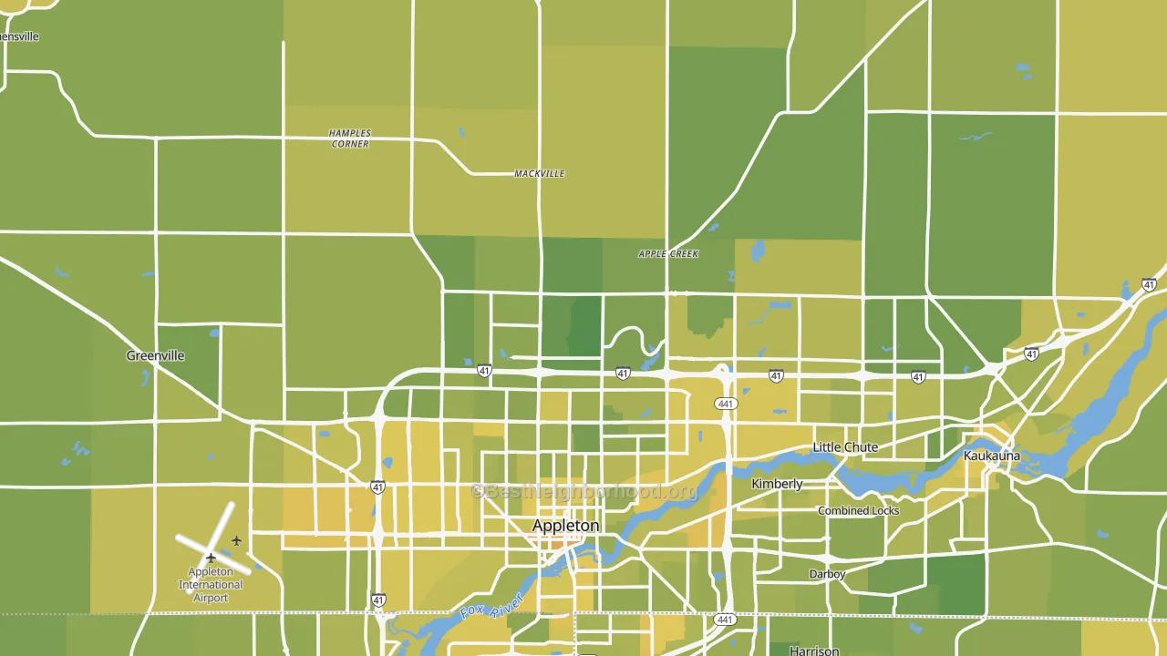Map of the best neighborhoods in the Outagamie County area, with better matches in green and worse matches in red
