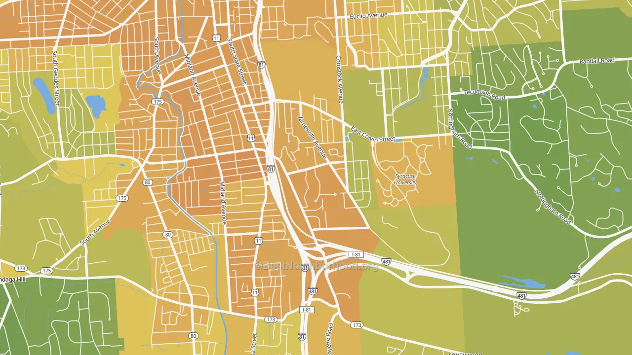 Map of the best neighborhoods in the Outer Comstock, Syracuse area, with better matches in green and worse matches in red