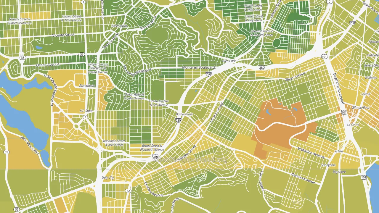 Map of the best neighborhoods in the Outer Mission, San Francisco area, with better matches in green and worse matches in red