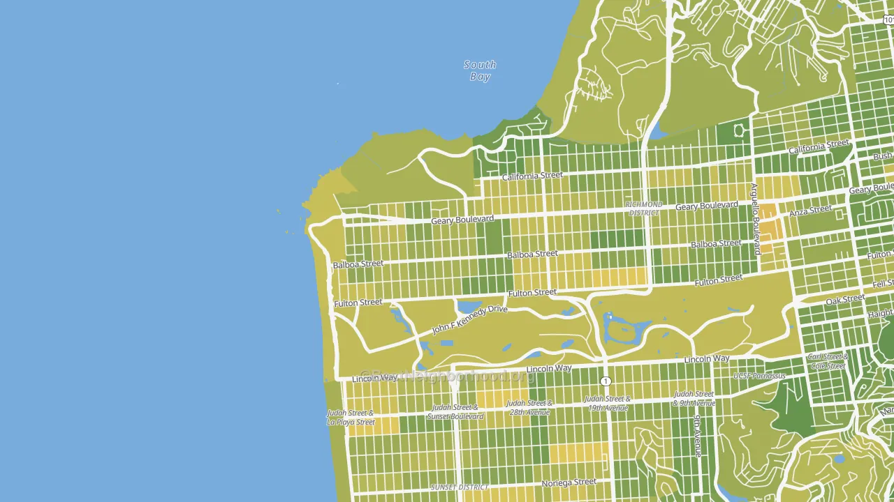 Map of the best neighborhoods in the Outer Richmond, San Francisco area, with better matches in green and worse matches in red
