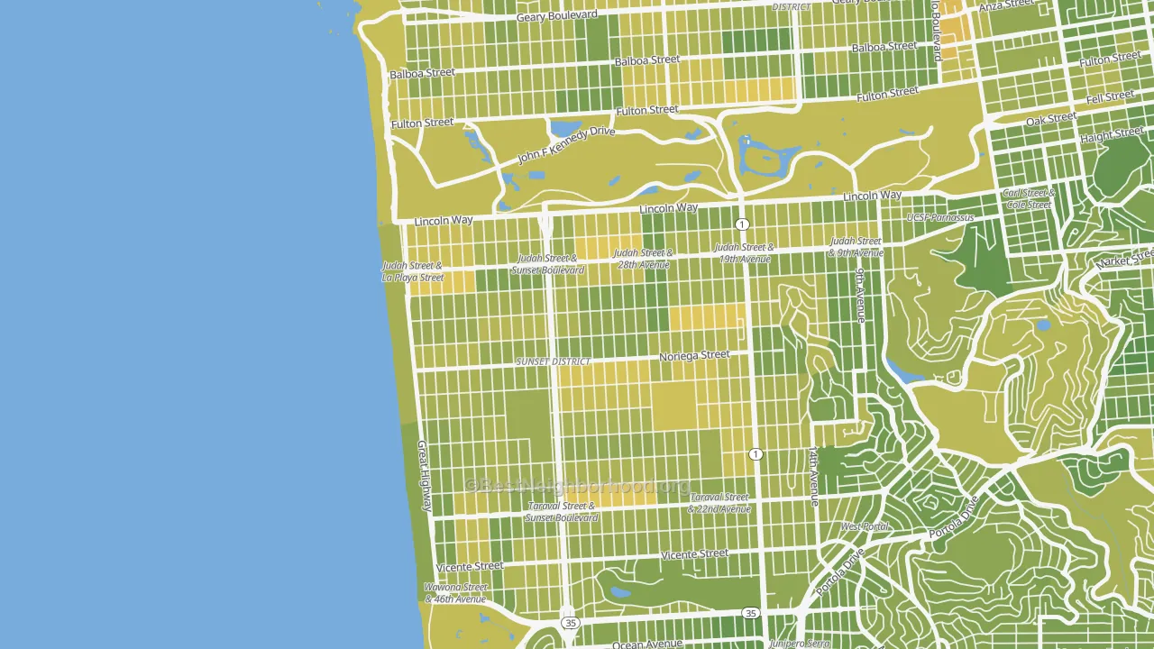 Map of the best neighborhoods in the Outer Sunset, San Francisco area, with better matches in green and worse matches in red