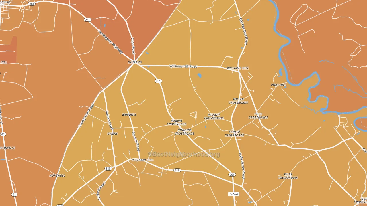 Map of the best neighborhoods in the Outland area, with better matches in green and worse matches in red