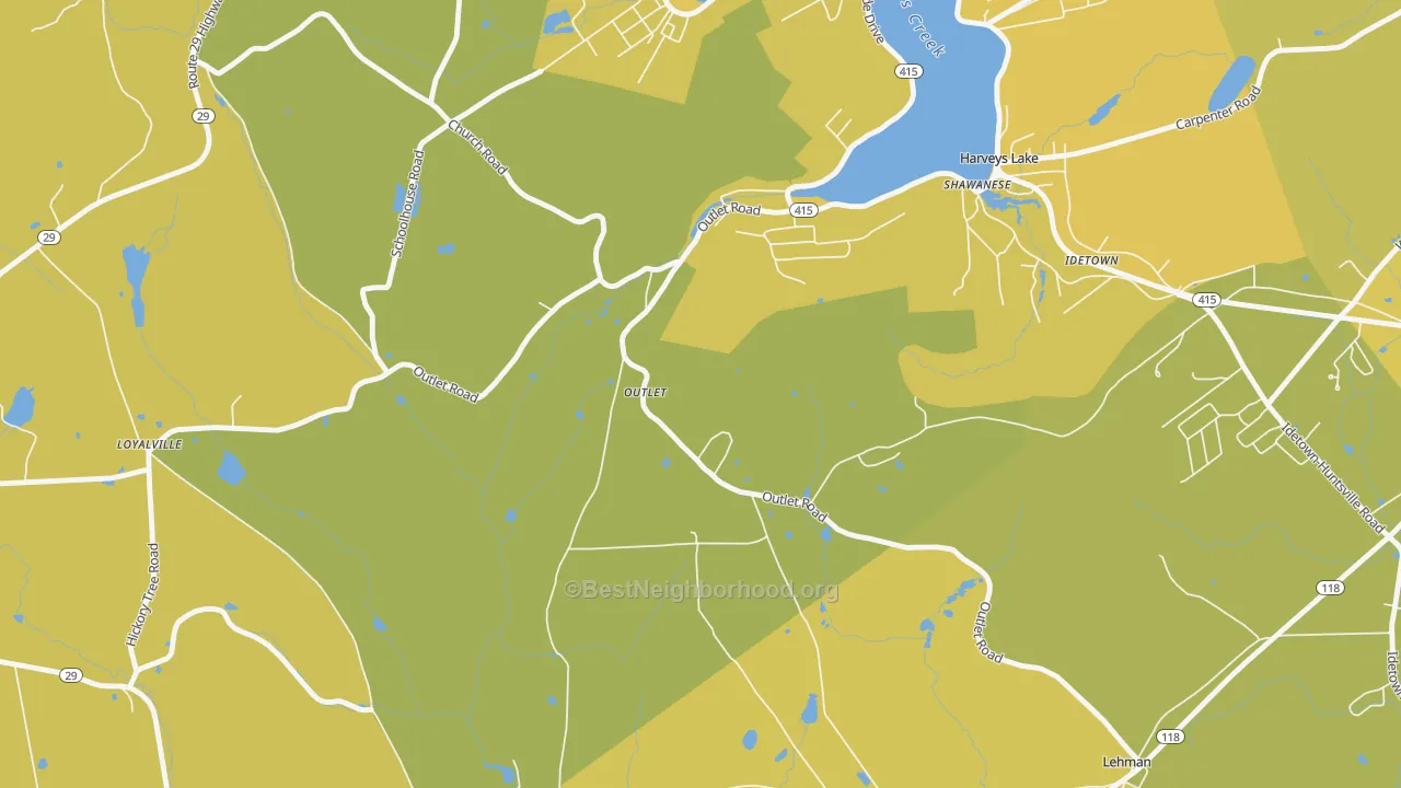Map of the best neighborhoods in the Outlet area, with better matches in green and worse matches in red
