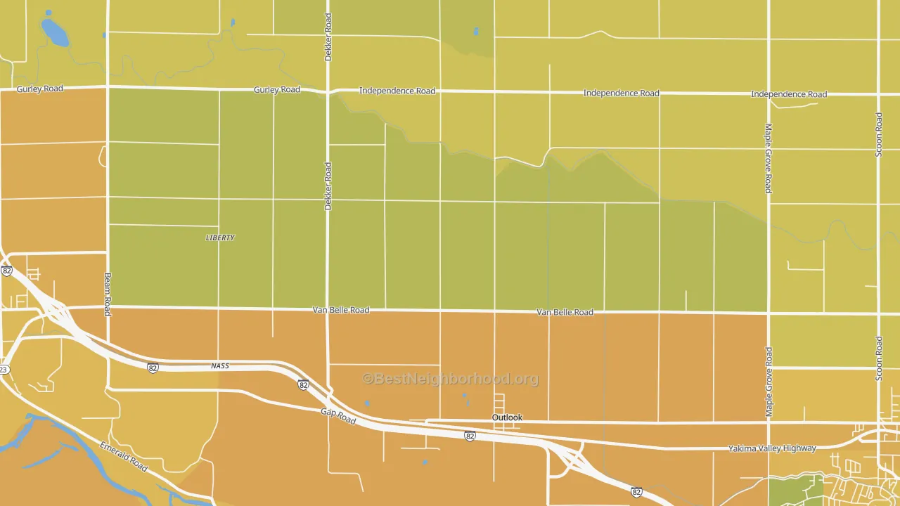 Map of the best neighborhoods in the Outlook area, with better matches in green and worse matches in red