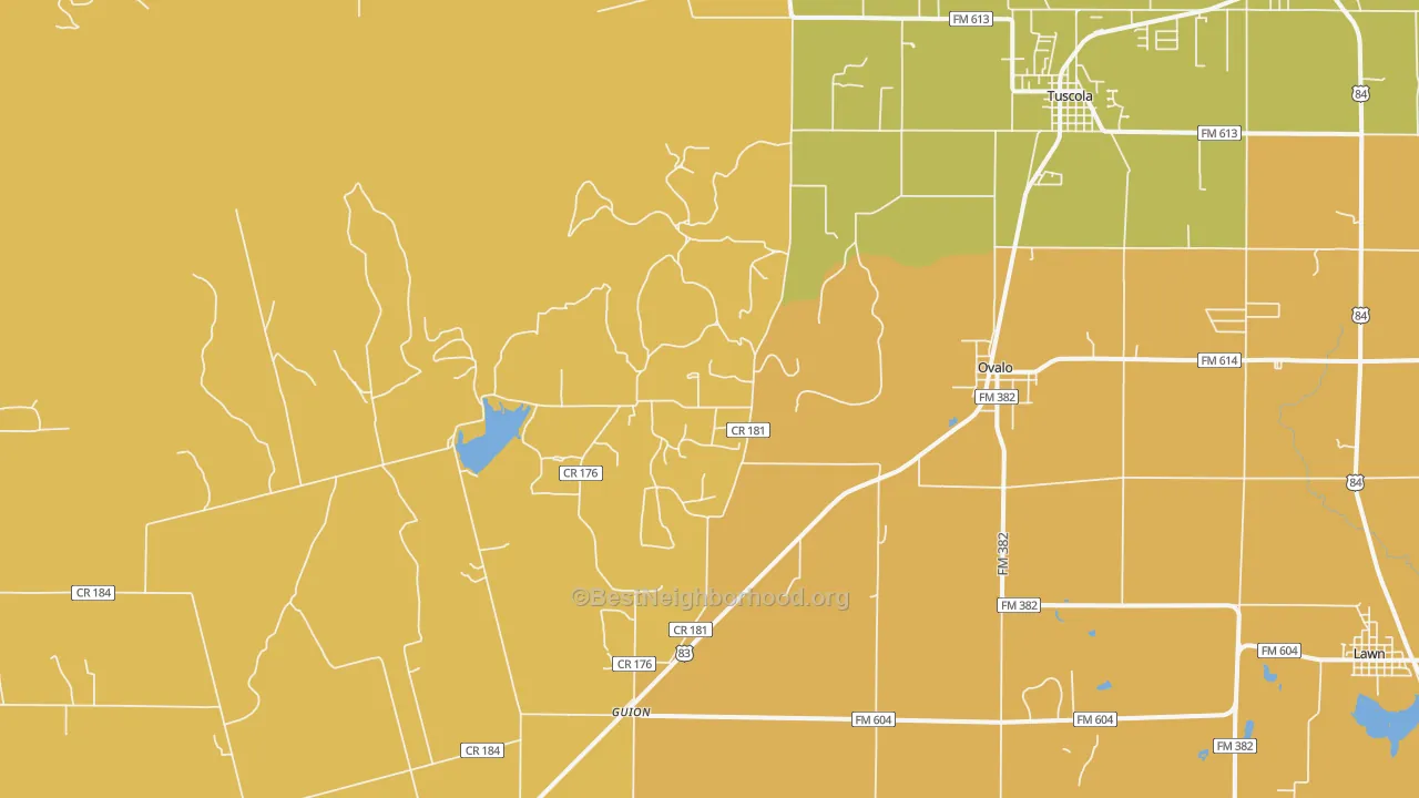 Map of the best neighborhoods in the Ovalo area, with better matches in green and worse matches in red