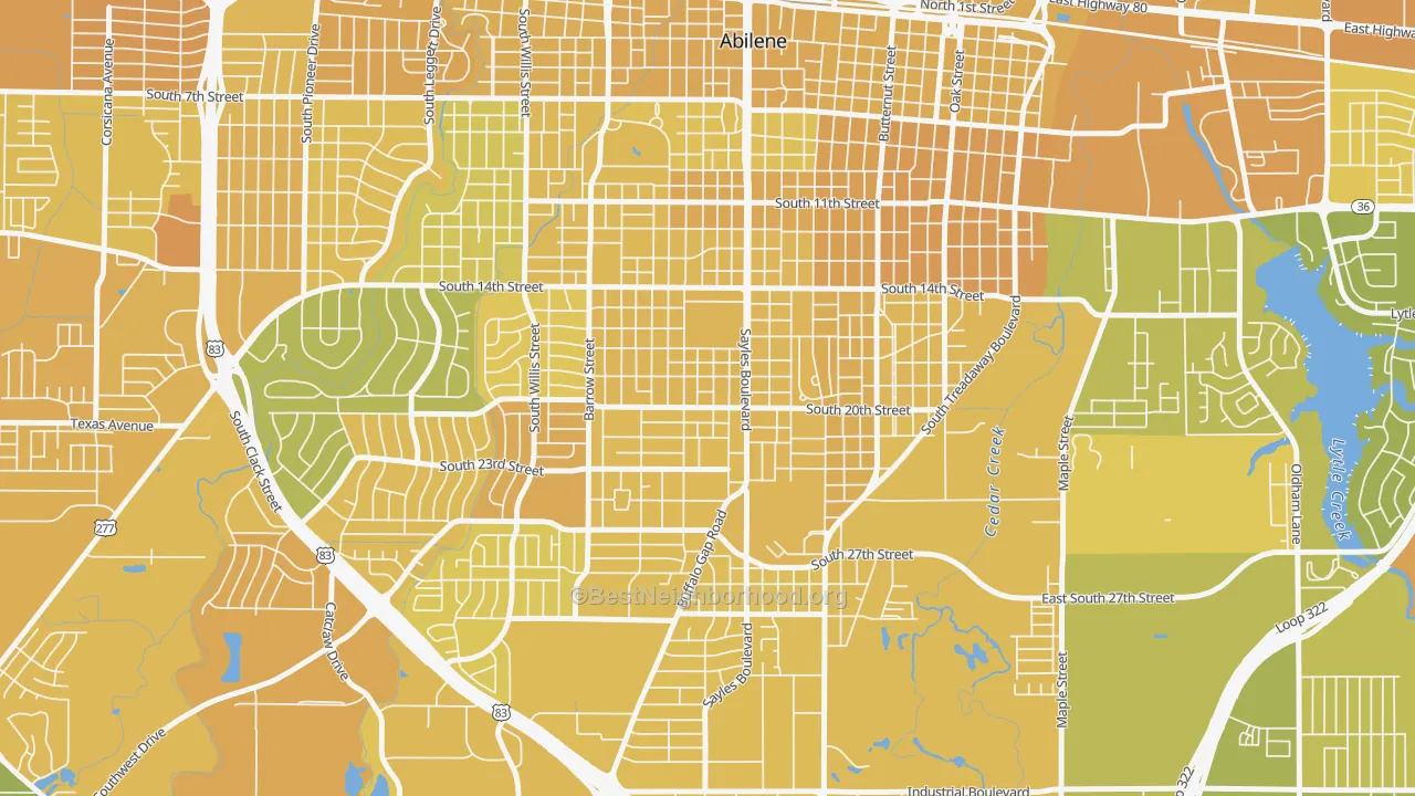 Map of the best neighborhoods in the Over Place Area, Abilene area, with better matches in green and worse matches in red