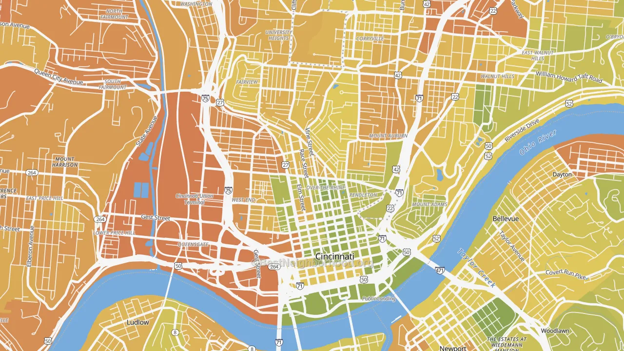 Map of the best neighborhoods in the Over-the-Rhine, Cincinnati area, with better matches in green and worse matches in red