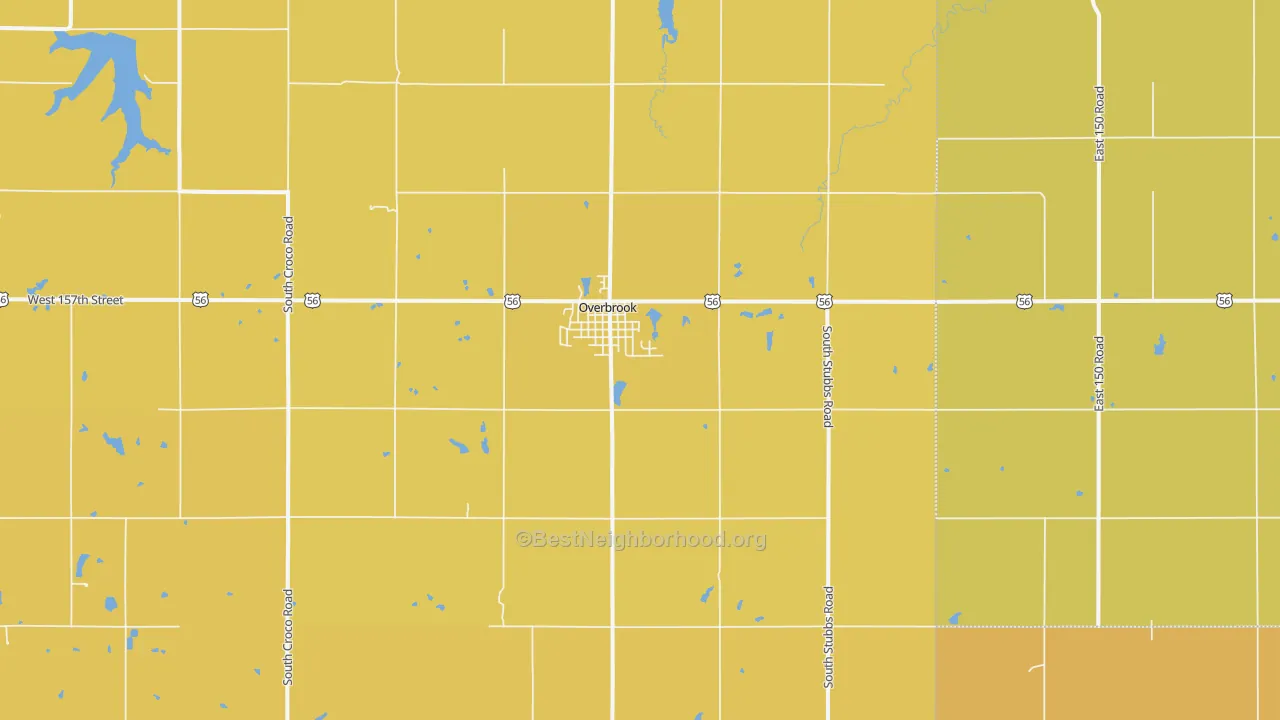 Map of the best neighborhoods in the Overbrook area, with better matches in green and worse matches in red