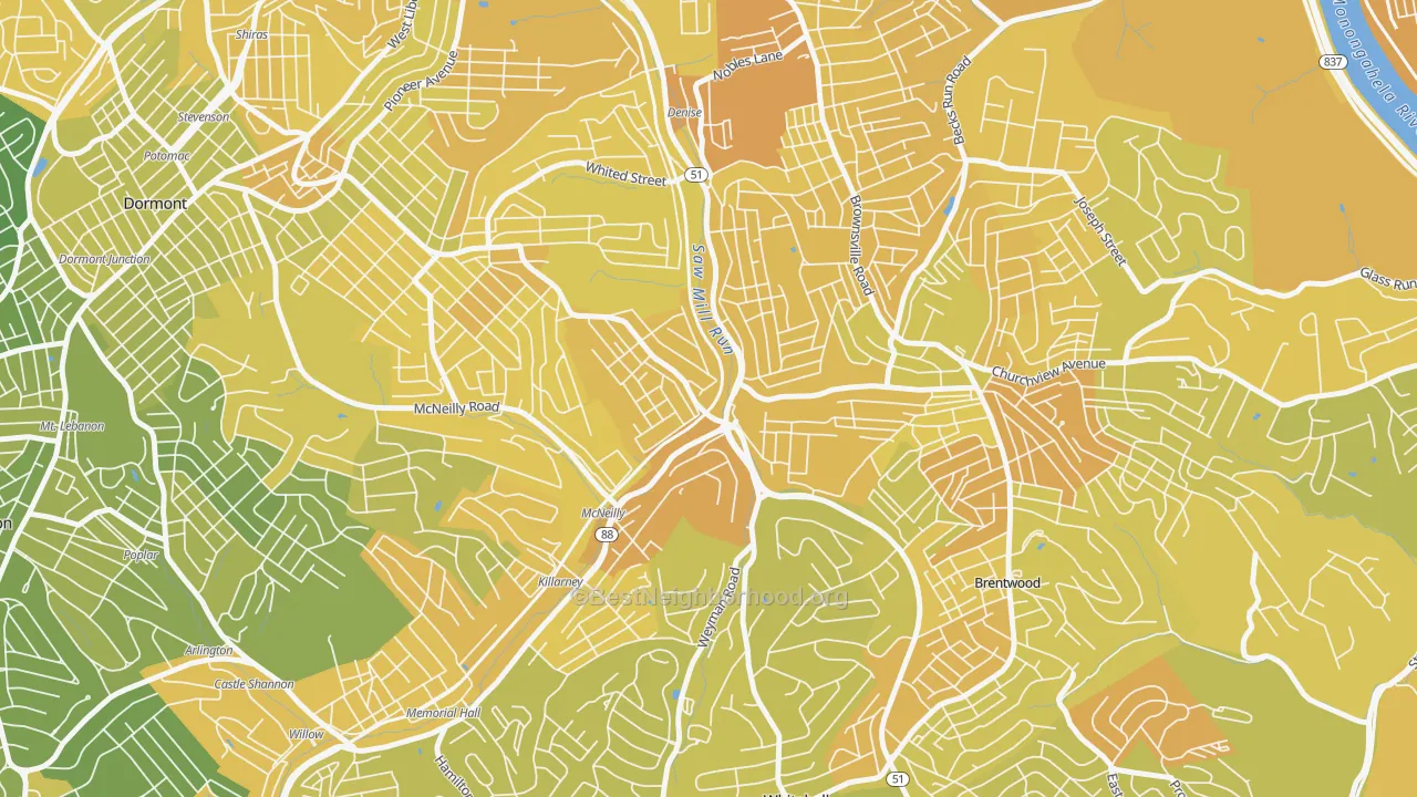 Map of the best neighborhoods in the Overbrook, Pittsburgh area, with better matches in green and worse matches in red