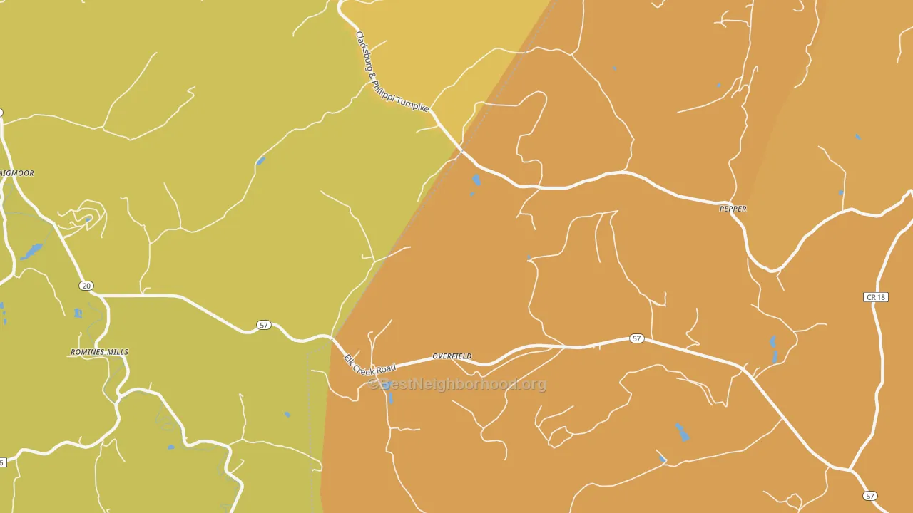 Map of the best neighborhoods in the Overfield area, with better matches in green and worse matches in red
