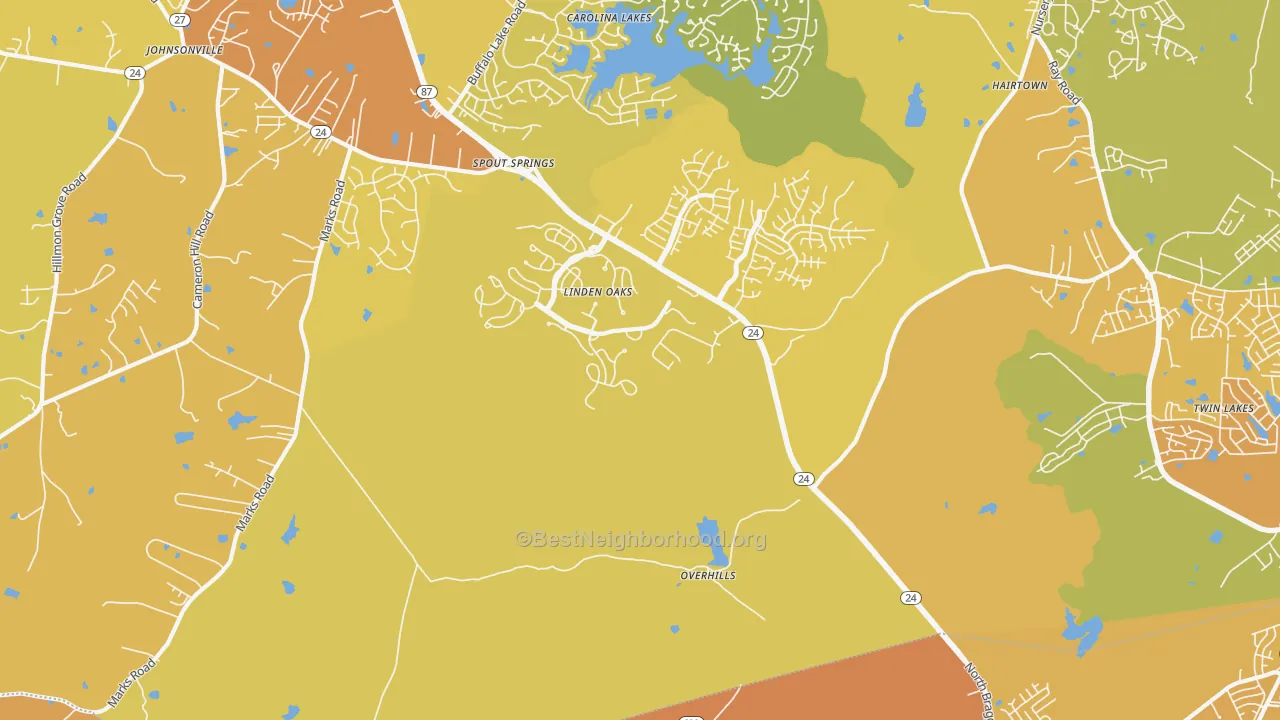 Map of the best neighborhoods in the Overhills area, with better matches in green and worse matches in red