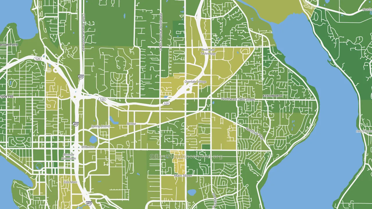Map of the best neighborhoods in the Overlake, Bellevue area, with better matches in green and worse matches in red