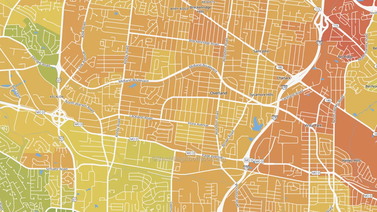 Map of the best neighborhoods in the Overland area, with better matches in green and worse matches in red