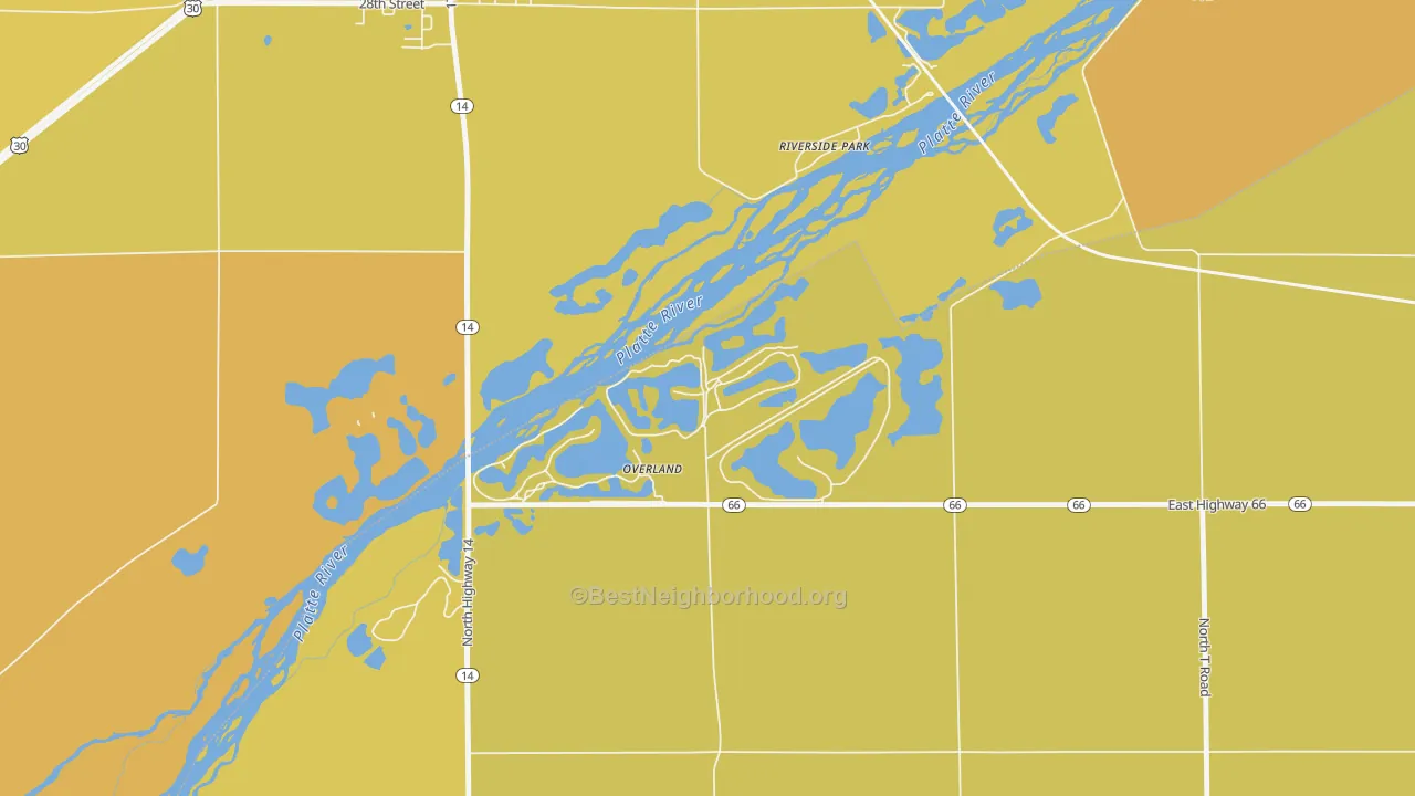 Map of the best neighborhoods in the Overland area, with better matches in green and worse matches in red