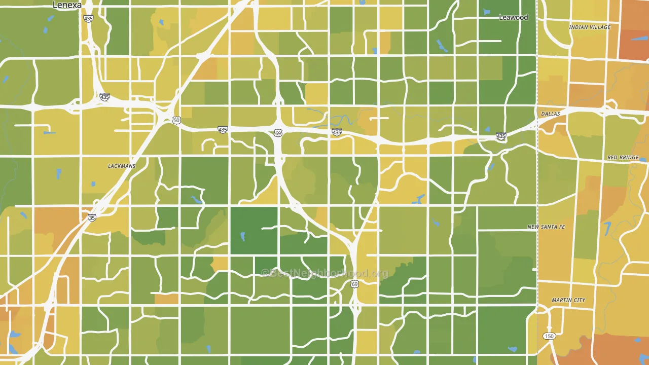 Map of the best neighborhoods in the Overland Park area, with better matches in green and worse matches in red