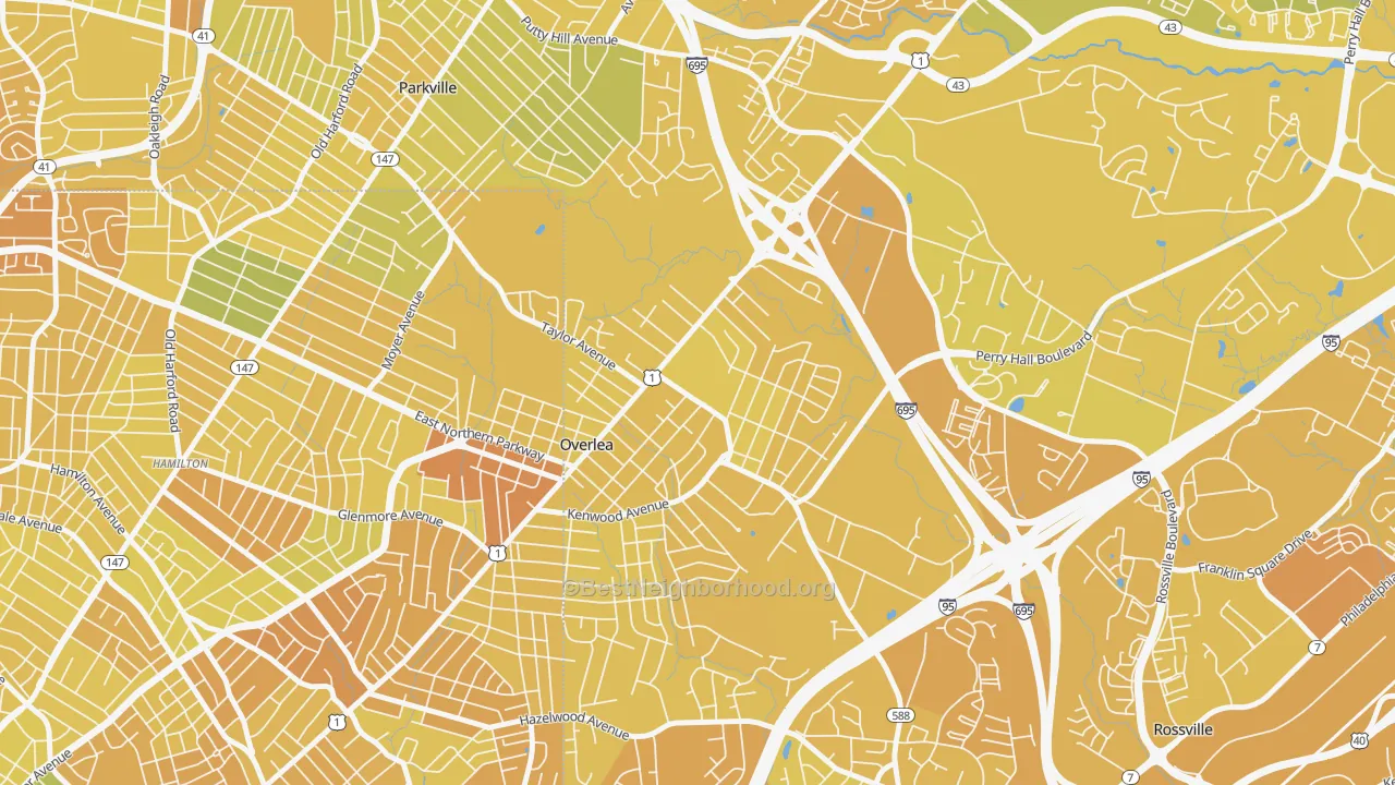 Map of the best neighborhoods in the Overlea area, with better matches in green and worse matches in red