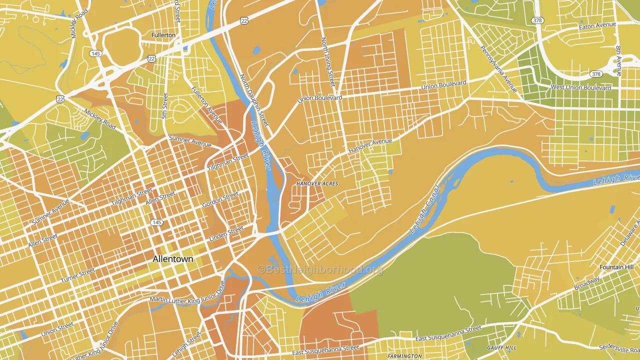 Map of the best neighborhoods in the Overlook Park, Allentown area, with better matches in green and worse matches in red