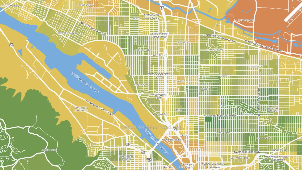 Map of the best neighborhoods in the Overlook, Portland area, with better matches in green and worse matches in red