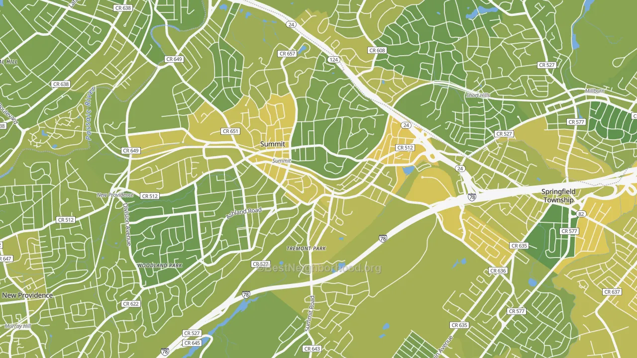 Map of the best neighborhoods in the Overlook, Summit area, with better matches in green and worse matches in red