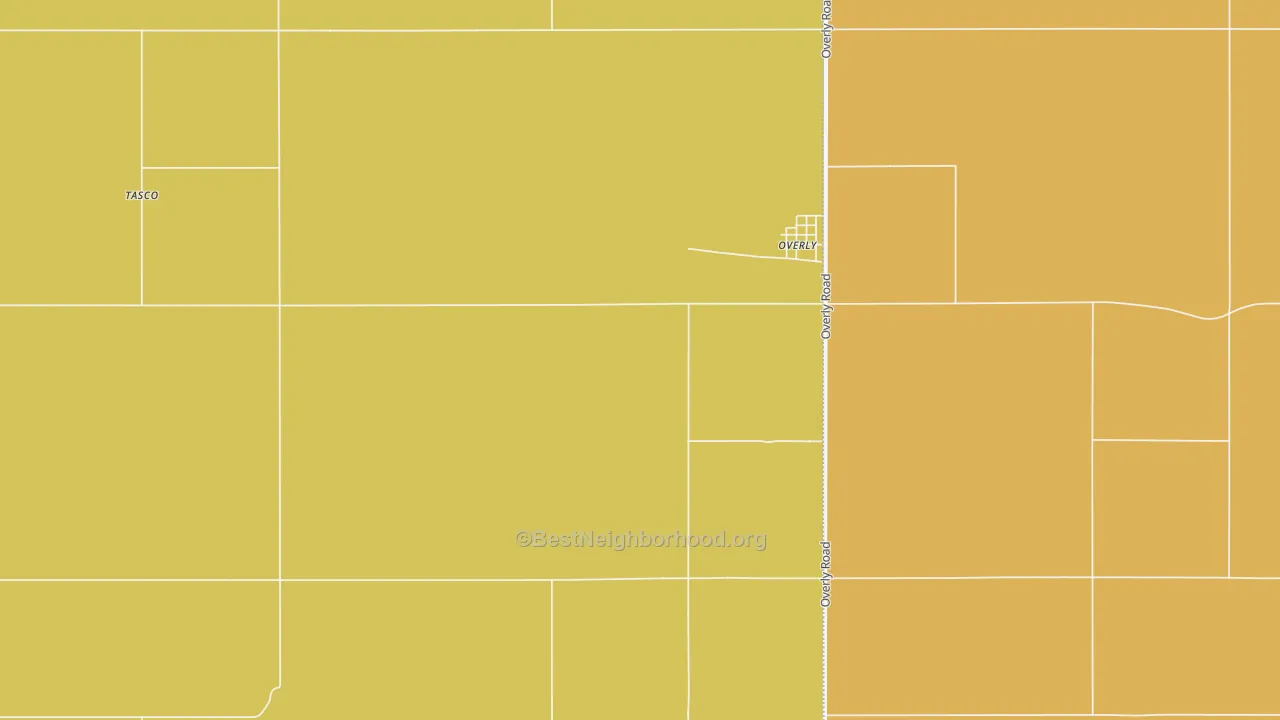 Map of the best neighborhoods in the Overly area, with better matches in green and worse matches in red