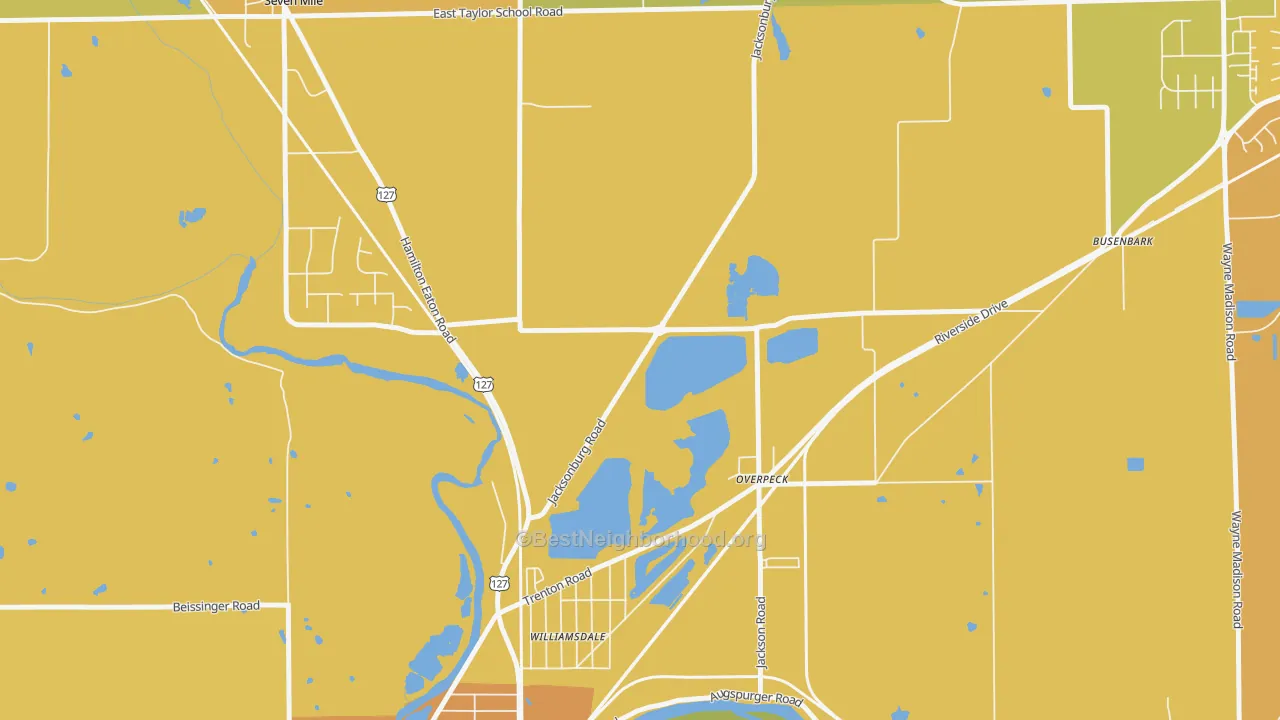 Map of the best neighborhoods in the Overpeck area, with better matches in green and worse matches in red