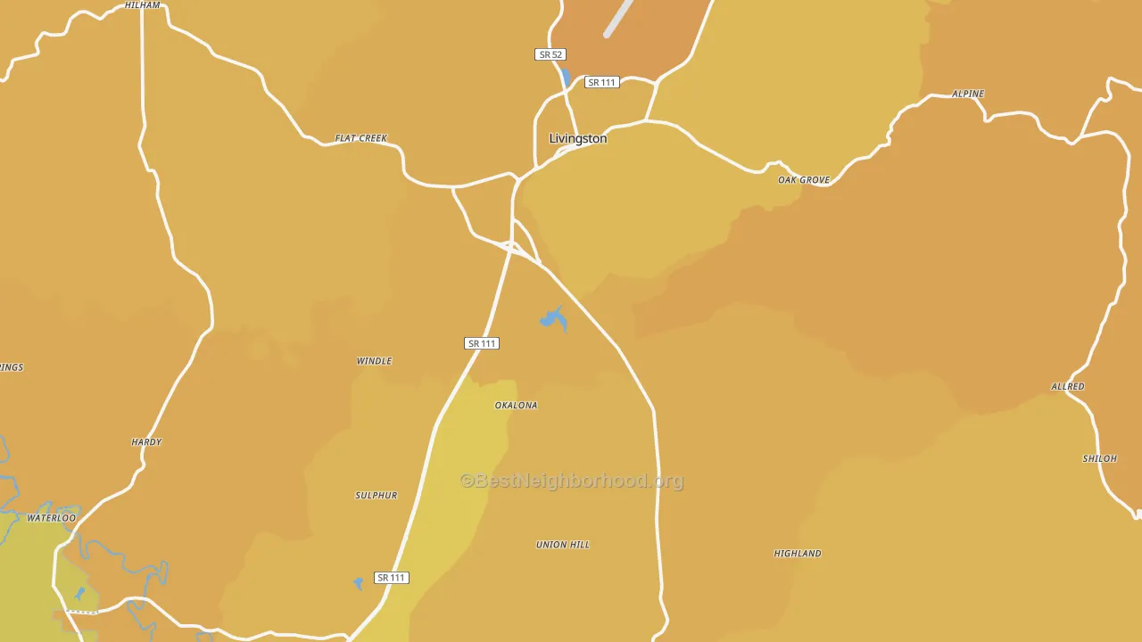 Map of the best neighborhoods in the Overton County area, with better matches in green and worse matches in red