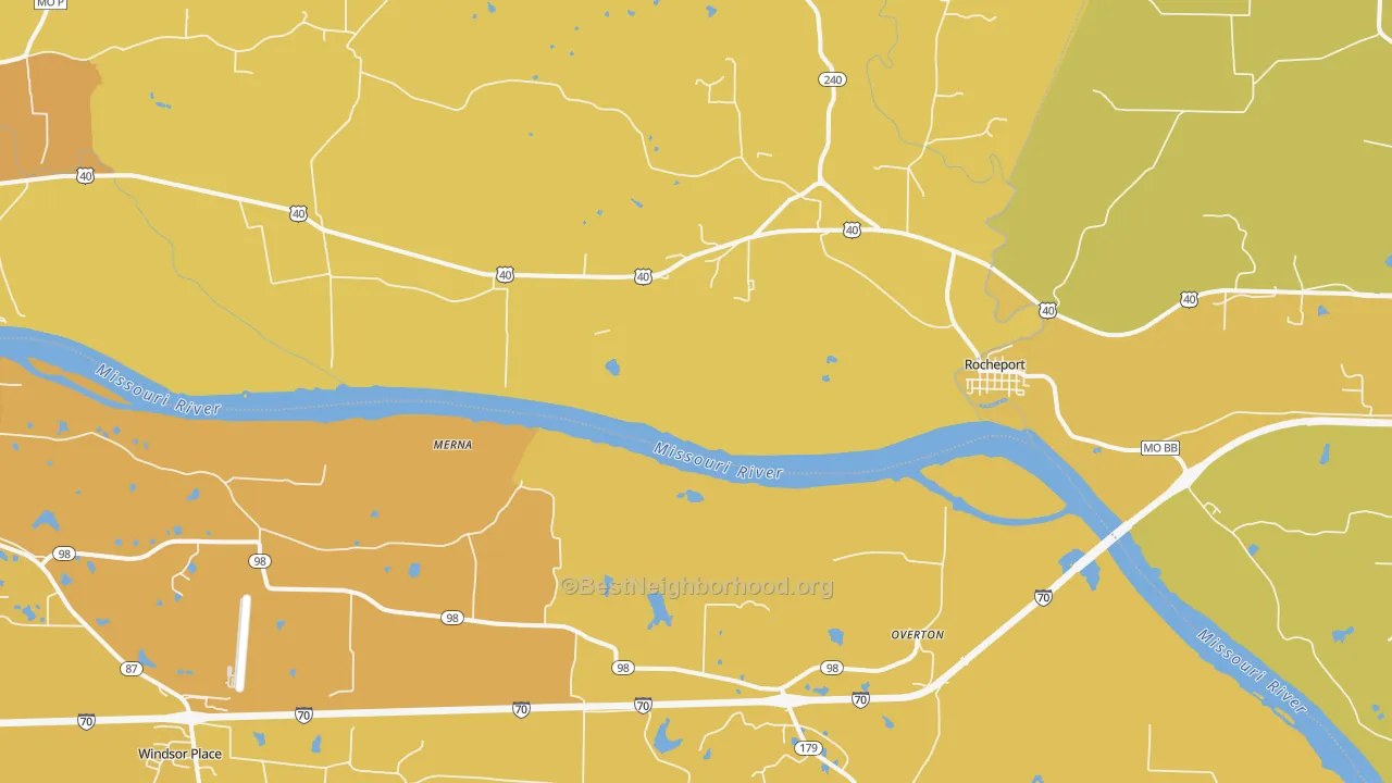 Map of the best neighborhoods in the Overton area, with better matches in green and worse matches in red